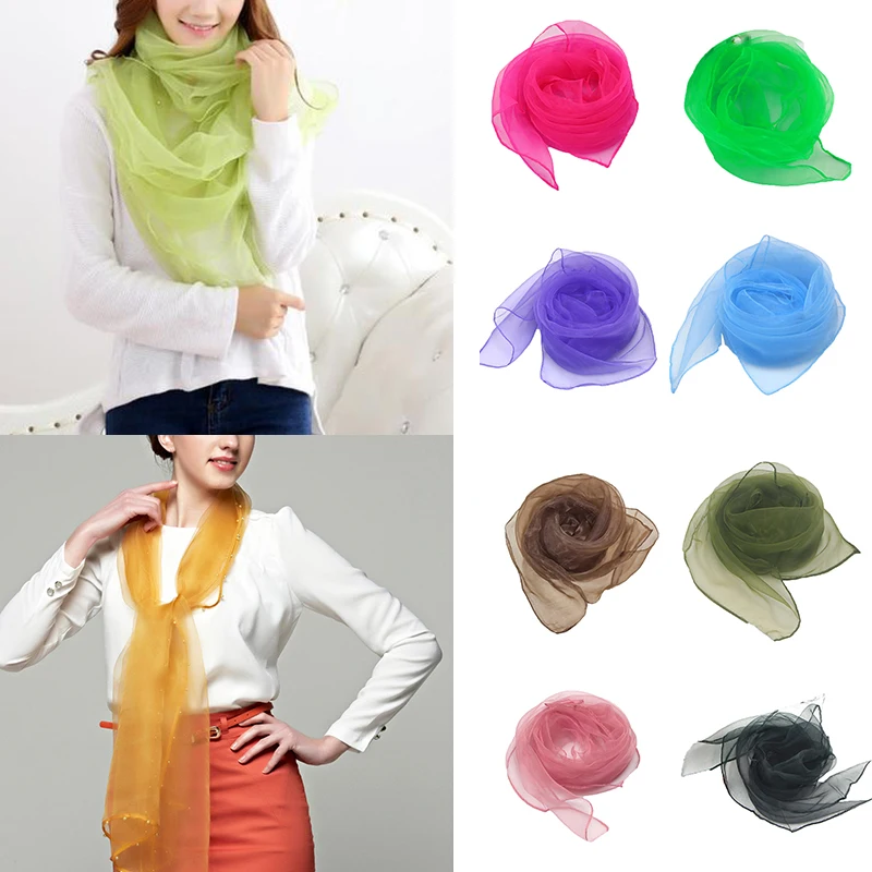 

70*70cm DIY Chiffon Square Scarf Solid Color Transparent Organza Scarf Thin Pure Color Soft Silk Scarves Neck Shawl Shinny