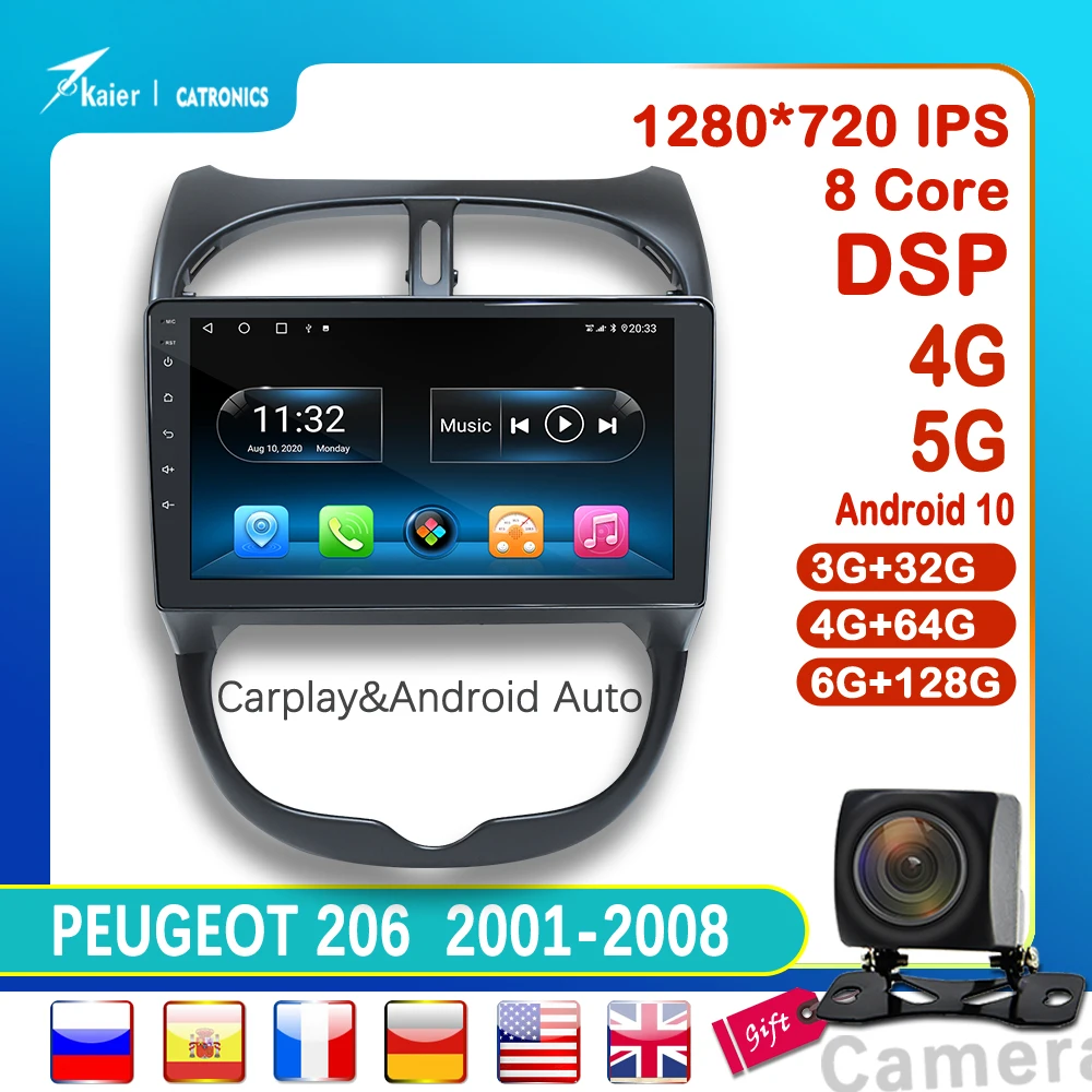 

KAIER Android 10 DSP OCTA CORE for Peugeot 206 2001-2008 Car DVD Stereo Radio Multimedia Audio Video Player Navigation GPS