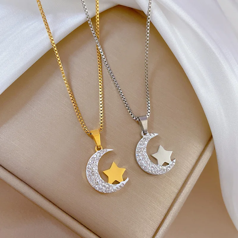 

Korean Moon Star Crystal Pendant Necklace for Women Female Fashion Rhinestone Statement Wedding Friendship Jewelry Gift Collar