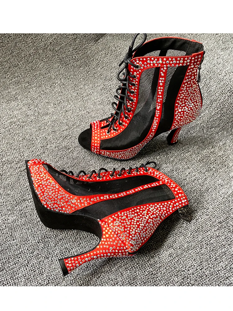 Indoor Dance Shoes Red Satin Rhinestones Ballroom Latin Dance Shoes Suede Outsole Cuban Heel 9cm Heel Bachata Salsa Party Shoes