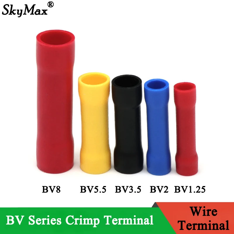 

10/100Pcs BV1.25 BV2 BV3.5 BV5.5 BV8 Straight Butt Wire Terminal Splice Crimp PVC Insulated Copper Tube Cold Press Cable Connect