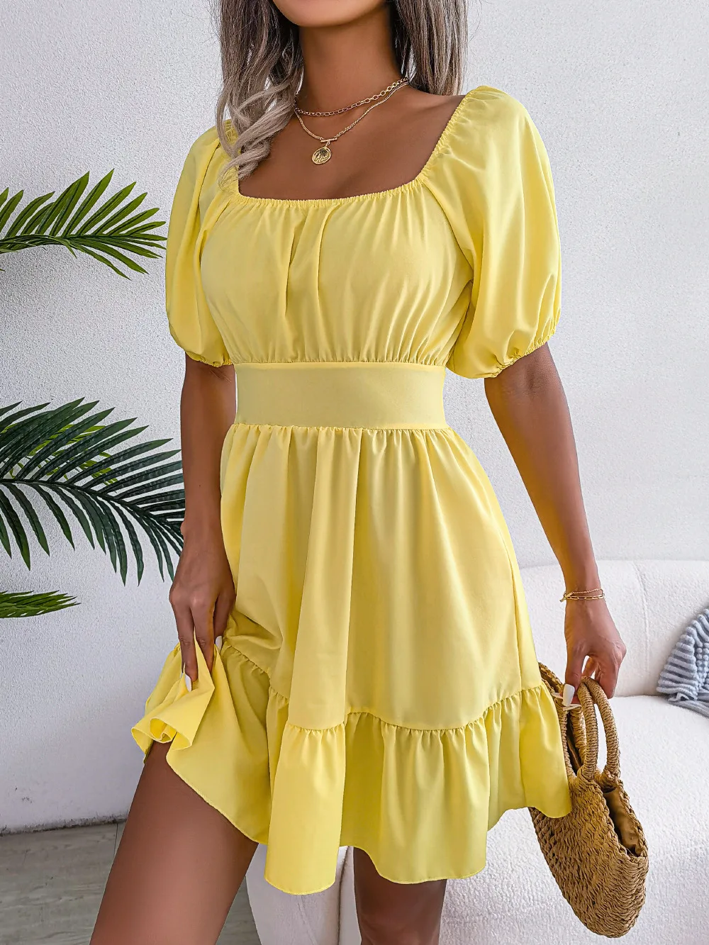 

Puff Sleeve Dress Women Square Collar Lace-up Bow Tie A-line High Waist Elegant Dresses Female Clothing Summer Holiday Style