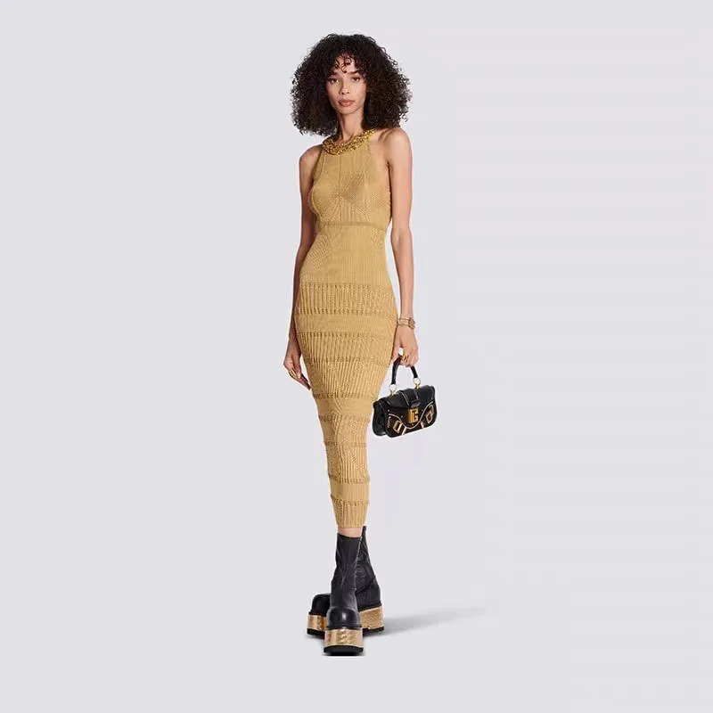 

2023 High Quality Brown Black O Neck Women Sleeveless Sexy Sequins Bodycon Mid-calf Fashion Office Lady Occation Casual Dress