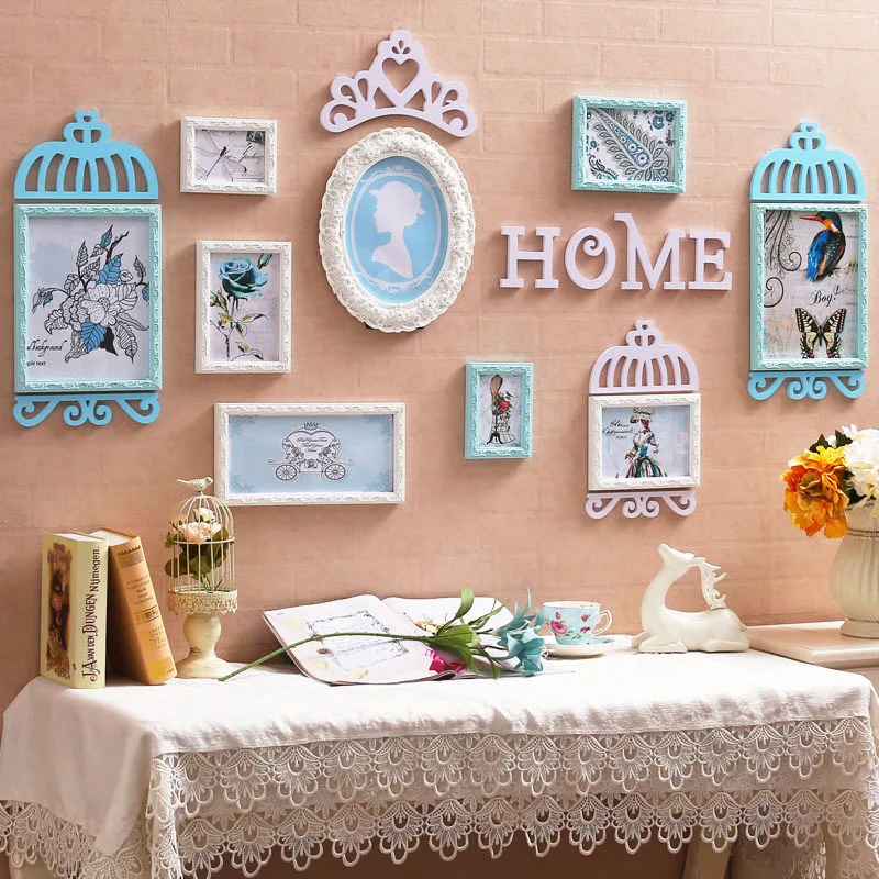

Pink White Princess Style 3d Carved Photo Frame Wooden Multi-frame Combination Mural Wall Decor Photo Wall Crown Hanging Paintin