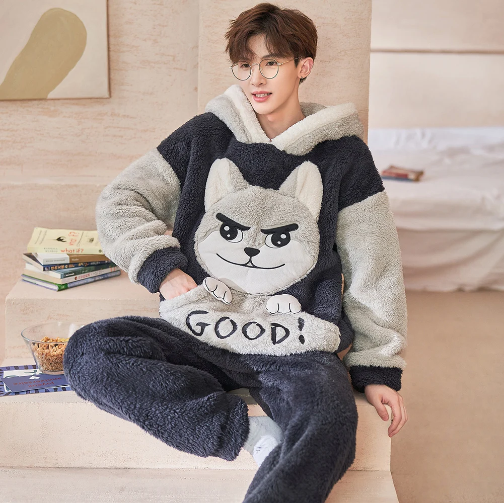 QUHENG Winter Pajamas for Men 2022 Flannel Large Size 5XL Thick Warm Cartoon Nightwear Adult with Hood Men Pajamas Lounge Set