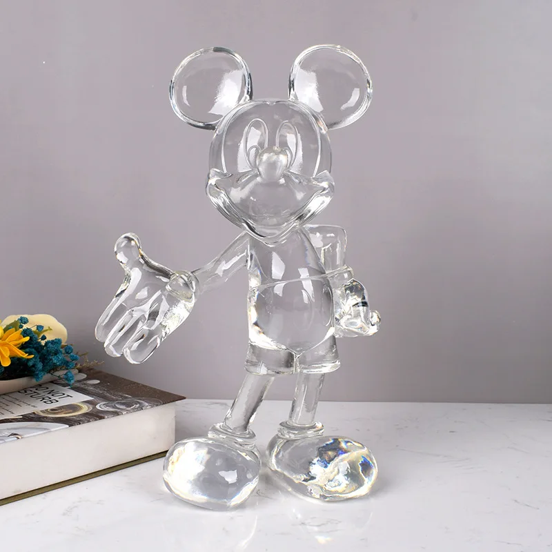 

30cm Disney Mickey Mouse Transparent Statue Beckoning Kawaii Mickey Cartoon Figure Resin Sculpture Trendy Shop Home Decoration