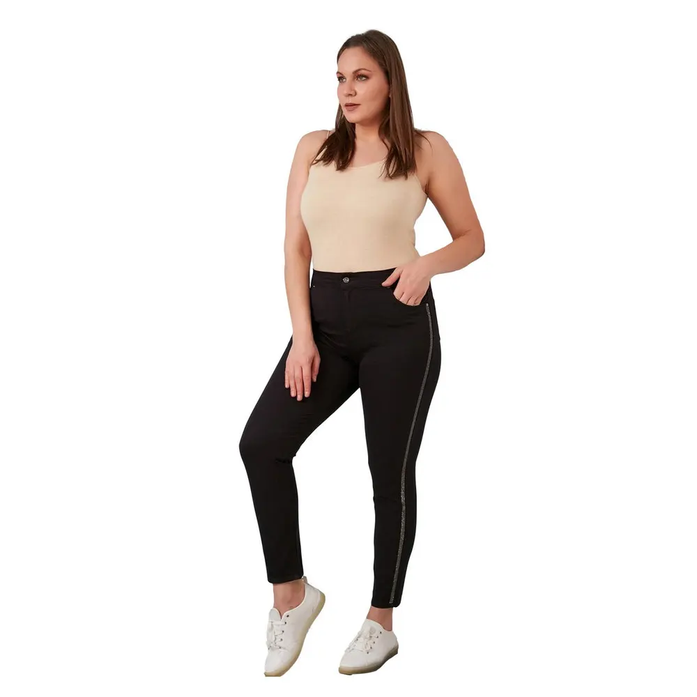 Fierte Women Plus Size Pants Rg1542 Jean High Waist Tight Trotting Ribbon Detail Zipper Closure Cotton Spring Summer