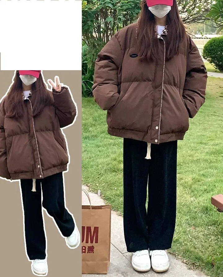 

Пуховик хлопковый кофейного цвета, Женская Зимняя Студенческая куртка с принтом хлеба, короткая хлопковая куртка в Корейском стиле для колледжа