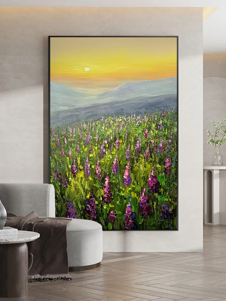 

Hand Painted Entrance Flower Sea Decorative Painting Restaurant Wall Lavender Painting Sunrise Landscape Painting