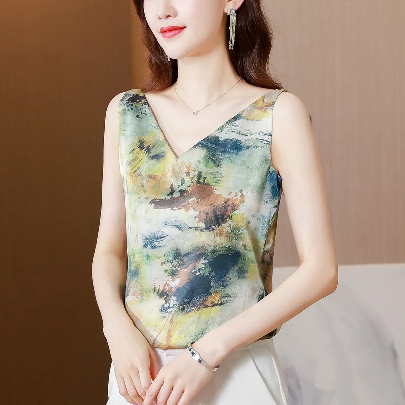 

Summer SILK SATIN Tank Tops Printing Sleeveless V-Neck Inner And Outer Office Lady Fashion Tops Dropshipping