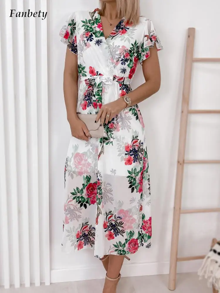 

Женское вечернее платье с цветочным принтом, длинное летнее платье с оборками и коротким рукавом, Пляжное платье с глубоким V-образным вырез...