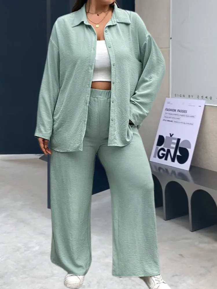 

Autumn suit two-piece lapel shirt wide leg pants plus size feminino plus size women clothing two piece set