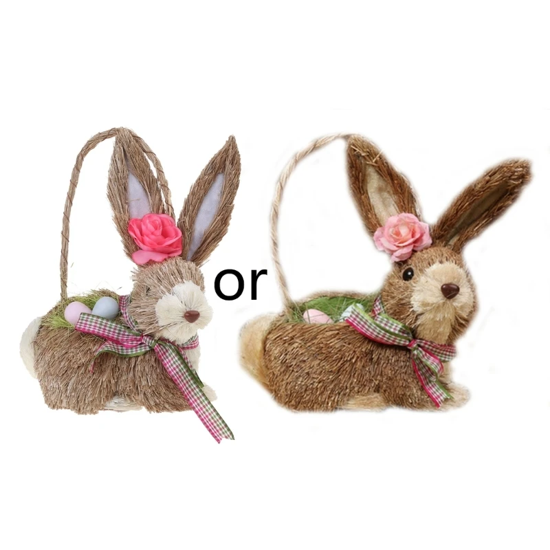 

Artificial Straw Eggshell Easter Rabbit Figurines Woven Bunny Desktop Ornaments