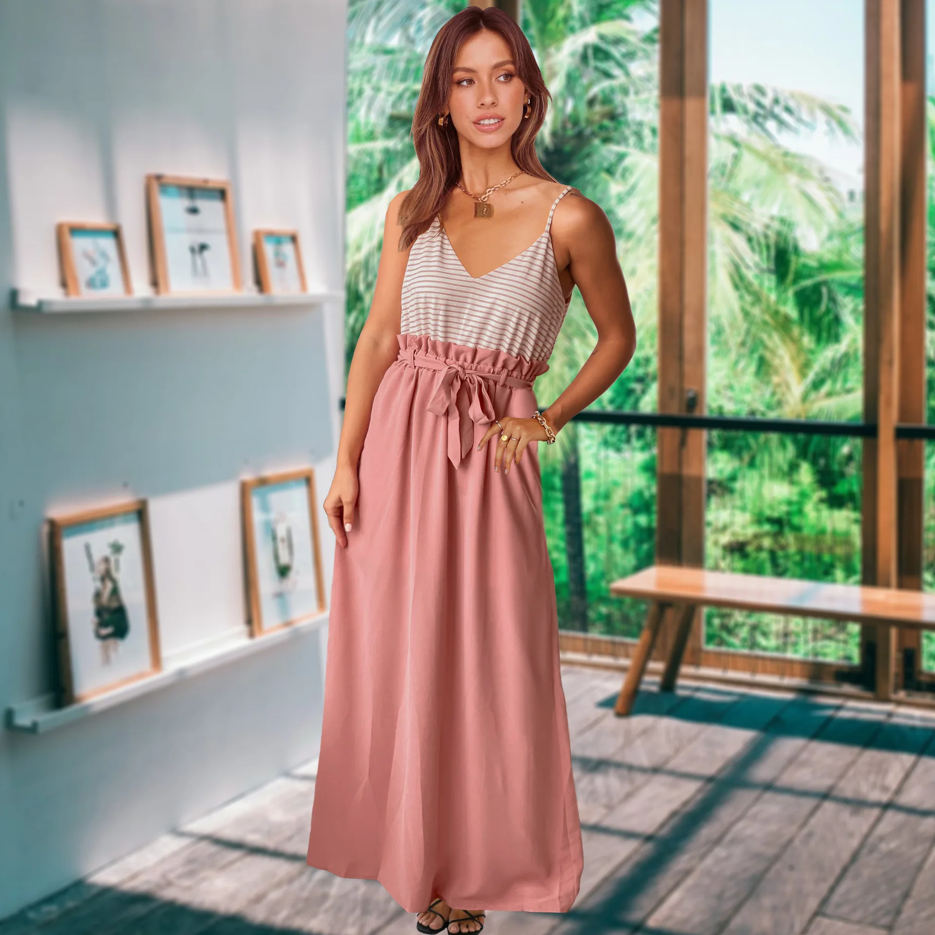 

2022 new spring casual plus size women's clothing contrast color striped stitching long skirt sexy slim suspender dress
