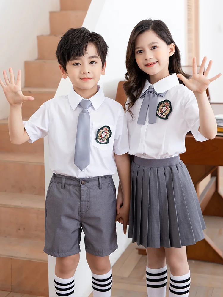 

Kindergarten uniforms, summer attire, elementary navy skirt for school children's school uniform summer short sleeved korea