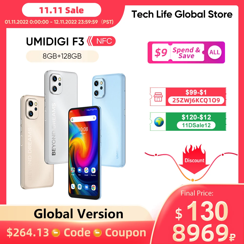 

UMIDIGI F3 Smartphone Android 11 Phone Helio P70, 8GB 128GB NFC 6.7&quot Display 48MP AI Triple Camare 5150mAh Battery Cellphone