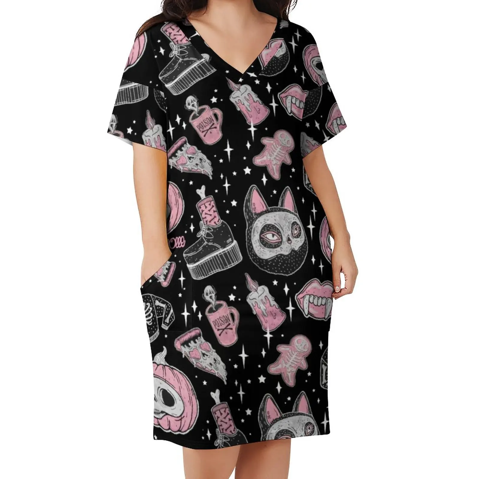 

Spooky Skeleton Casual Dress Women Pumpkin Spooks Creeps Retro Dresses Summer V Neck Street Fashion Pattern Dress Plus Size 4XL