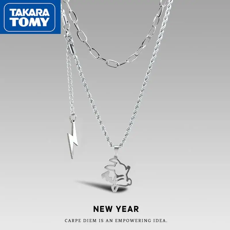 

TAKARA TOMY New Pikachu Men's and Women's Titanium Steel Hypoallergenic Double-layer Two Necklaces Cool Couple Necklaces