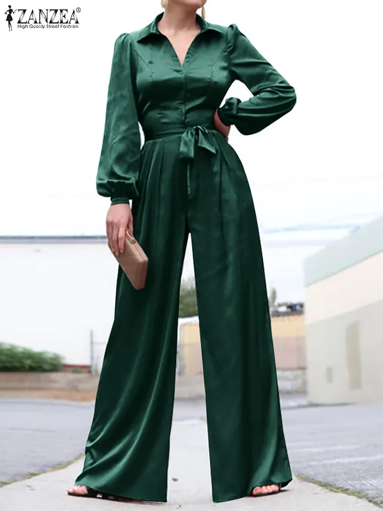 

ZANZEA Women Puff Sleeve Tie Waisted Long Rompers Fashion Satin Jumpsuits Streetwear Turn-down Collar Commute Wide Leg Overalls