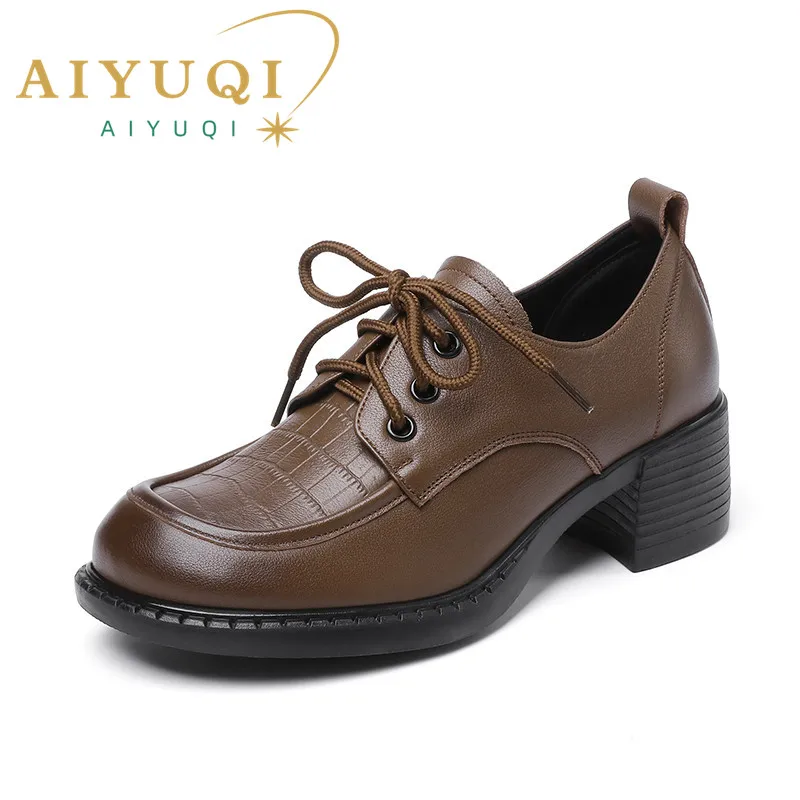 Купи AIYUQI Women Shoes Loafers Genuine Leather Spring New Lace-up Mid Heels Shoes Women British Style Large size Women Shoes за 3,115 рублей в магазине AliExpress