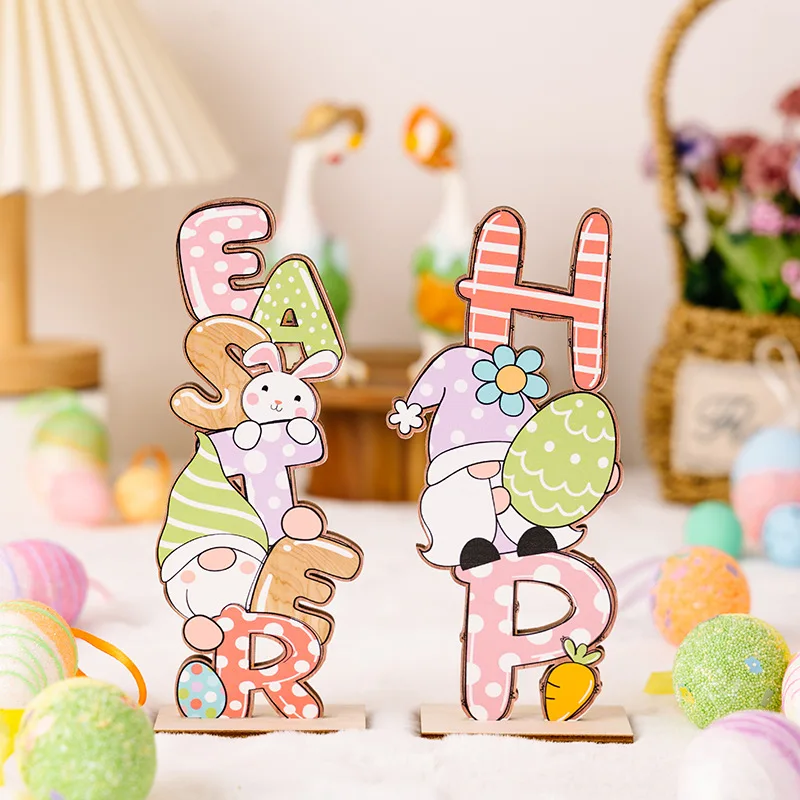 

New Easter DIY Rabbit Tabletop Ornaments Bunny Eggs Wooden Letter Crafts Easter Dwarf Party Decor Kids Gift