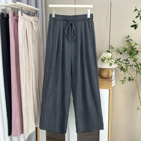 Новые летние широкие брюки больших размеров, женская одежда, 100 кг, простые и тонкие прямые повседневные длинные брюки из ледяного шелка 8579