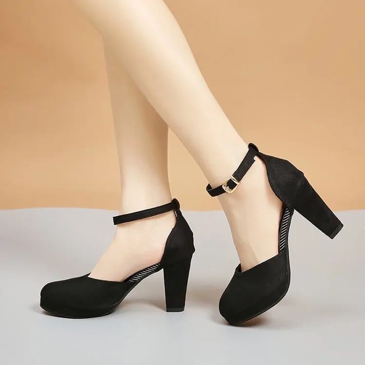 

Spring and Autumn Suede Shoes Ladies Fashion High Heels Round Toe Ankle Strap Black Platform High Heels Party Shoes Mujer