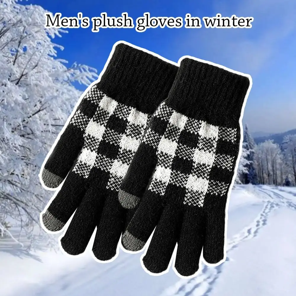 

Женские и мужские теплые зимние перчатки в клетку для сенсорного экрана Варежки вязаные перчатки флисовые толстые