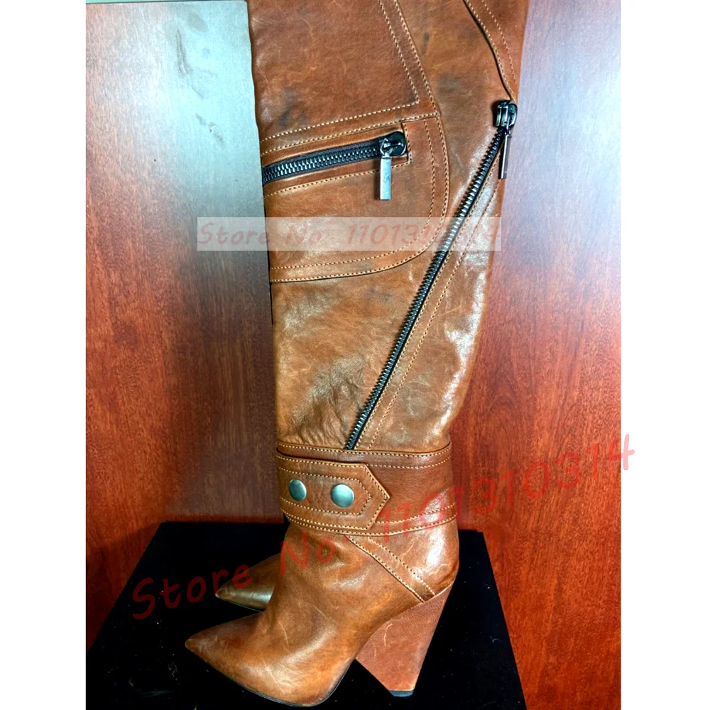 Женские сапоги выше колена на высоком каблуке коричневые танкетке молнии с