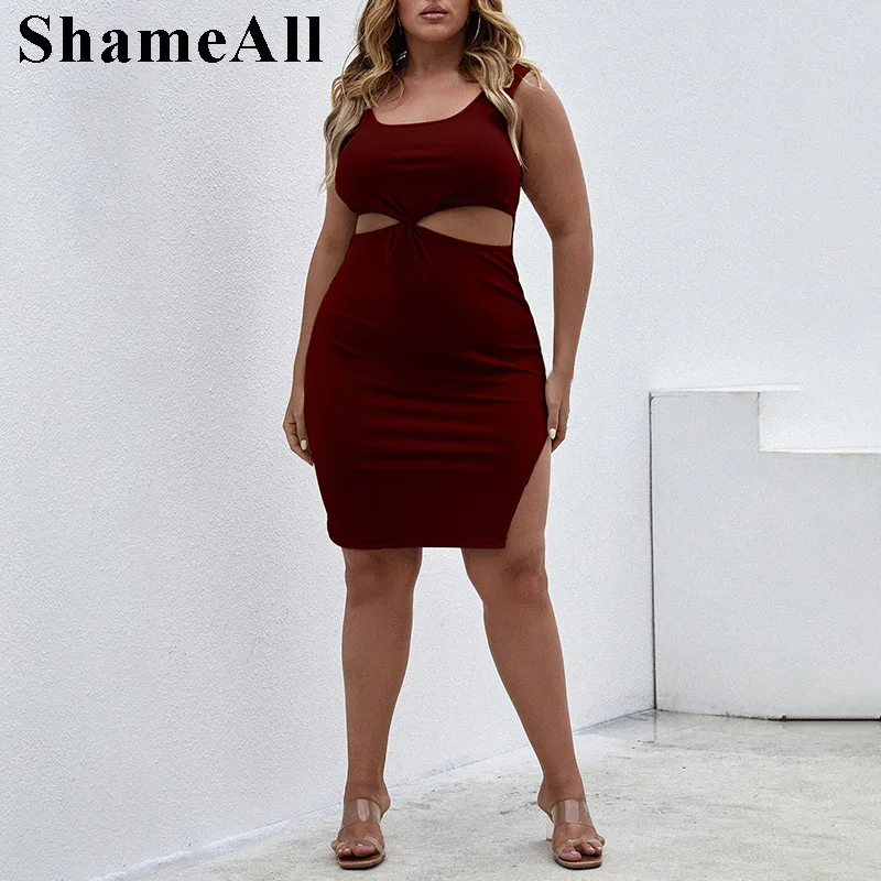 

Plus Size Ribbed Knitted Cross Hollow Out night Party Club Strap Midi Dress 4XL Summer Sexy Split Bodycon Tank Dresses Sundress