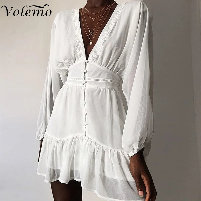 

Volemo Sexy Summer Dresses for Women 2022 V Neck Dress Lace Long Sleeve Mini Wedding Party Dresses Y2k Clothes Vestido Feminino