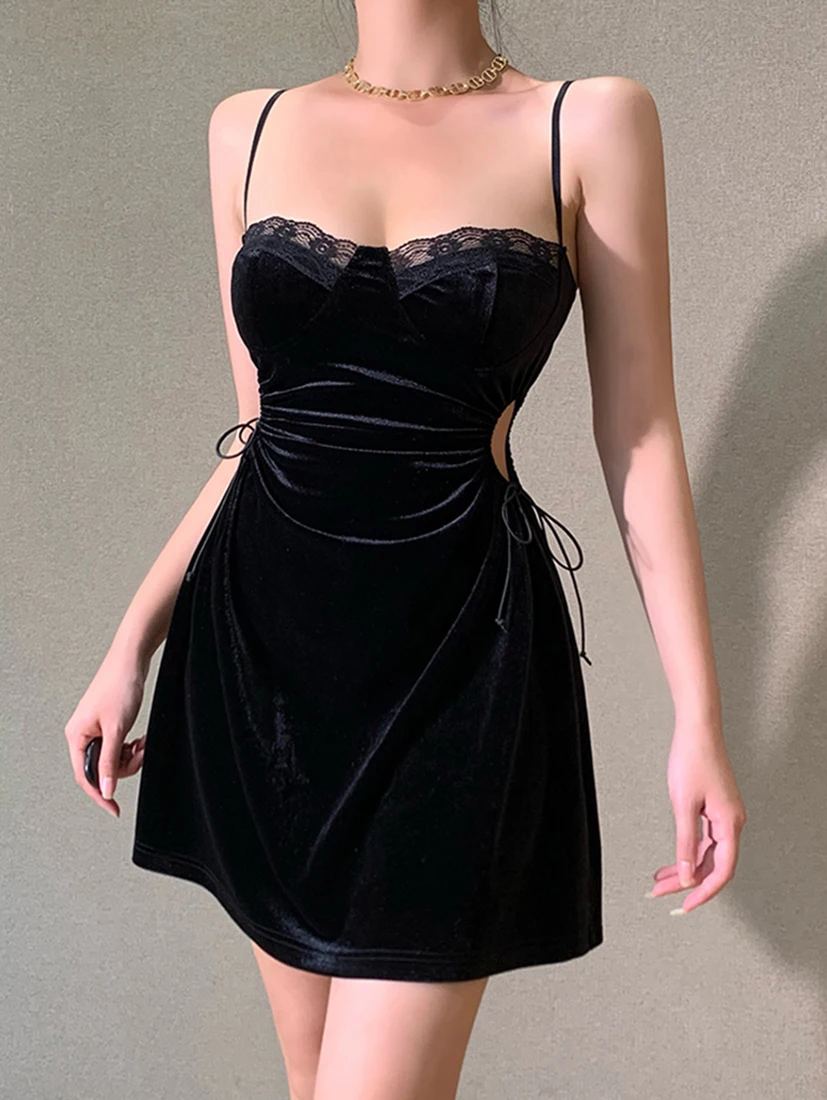 

ZAFUL Velvet Open Side Solid Color Dress Women Date Night Outfits Even Party Dresses Halloween Clothings