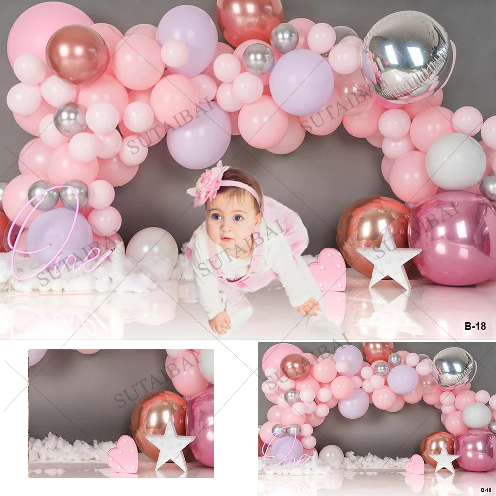 

Newborn Baby 1st Birthday Pink Balloons Cake Smash Party Photography Backdrops Photographic Backdrops for Photo Studio Props