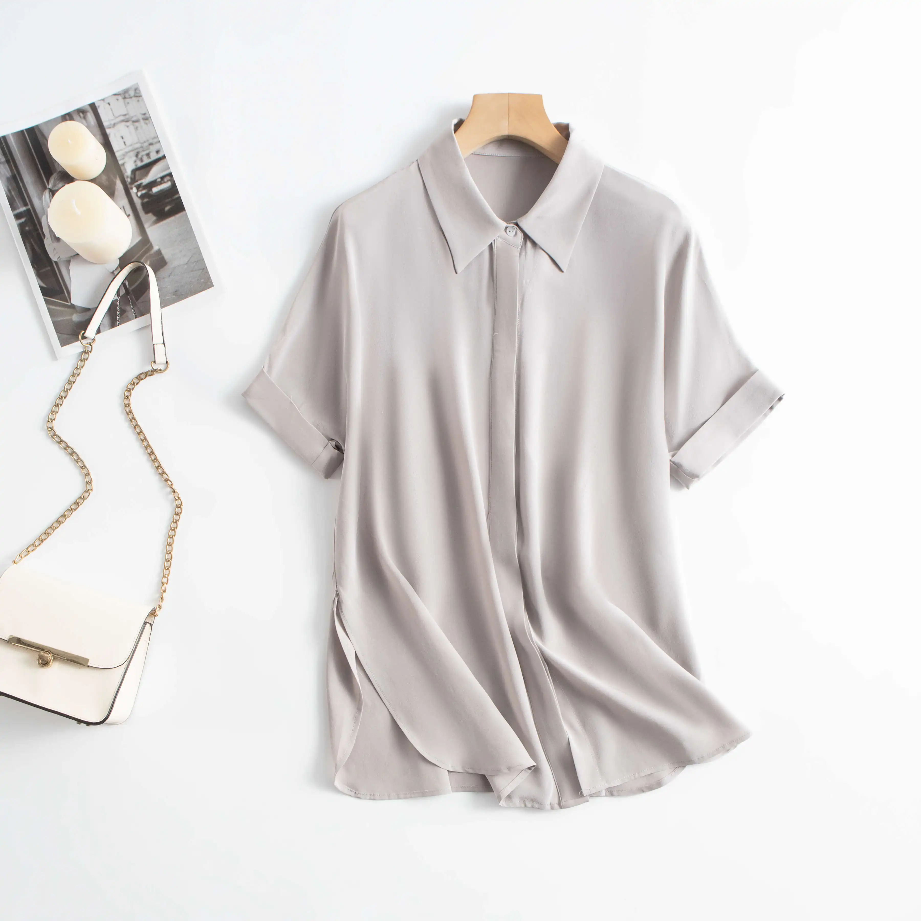 26 мм тяжелая 100% натуральный шелковый крепдешин в стиле ретро с воротником-поло