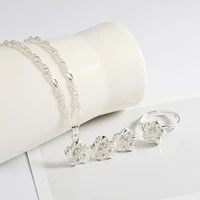 korean fashion silver flower necklace rings earring jewelry sets for women simple vintage collarbone chain wedding jewelry set
