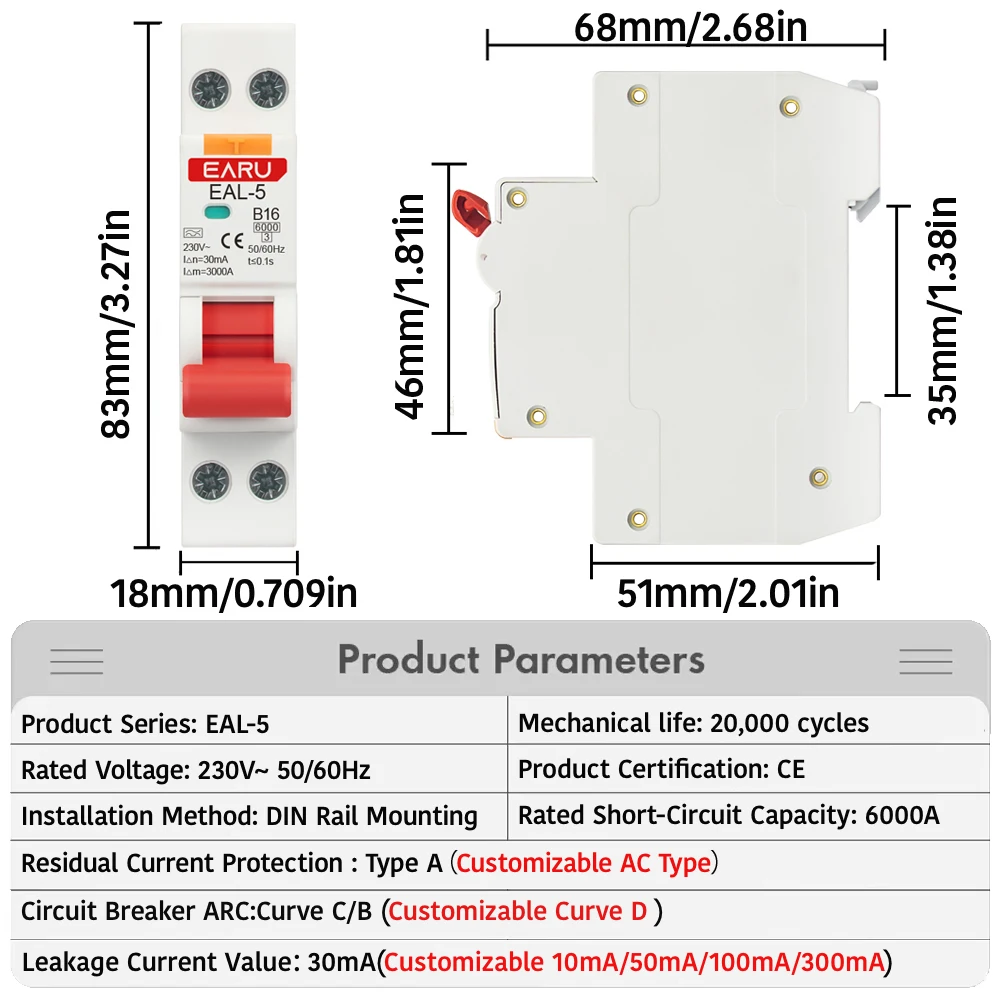 Фото 18 мм 1P + N AC 230 В Тип A 6A-40A B C Curve RCBO MCB Автоматический выключатель остаточного тока от короткого тока 30 мА Защита от утечки №2