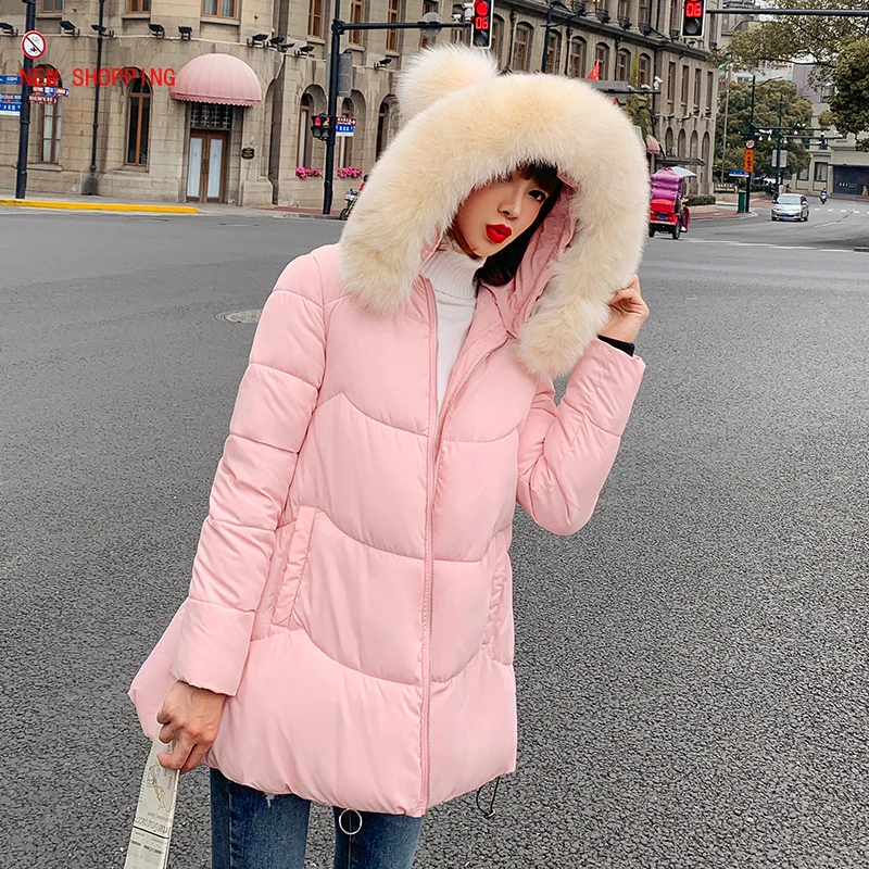 2023 New Winter Jacket Hooded Fur Collar Hairball Sweet Cute Loose Cotton Coat Student Plus Size Long Parkas Women Pink Black