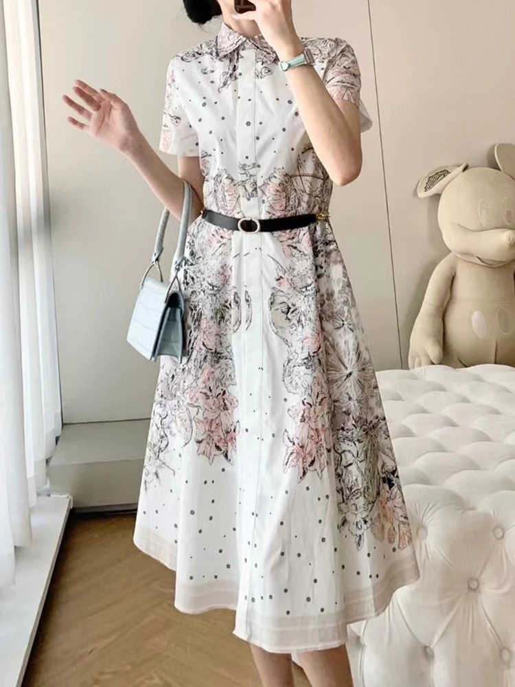 

Designer Retro Print Lapel Single Breasted Tie Waist Short Sleeve Dress Women's Summer New Fashion Loose Swing Puff Skirt