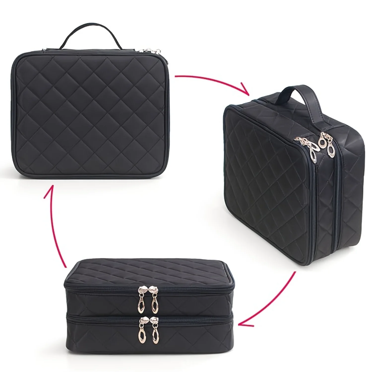 Chic Foldable Black Cosmetic Bag – Double Layer Large Capacity Water-Resistant Organizer with Zipper & Handle