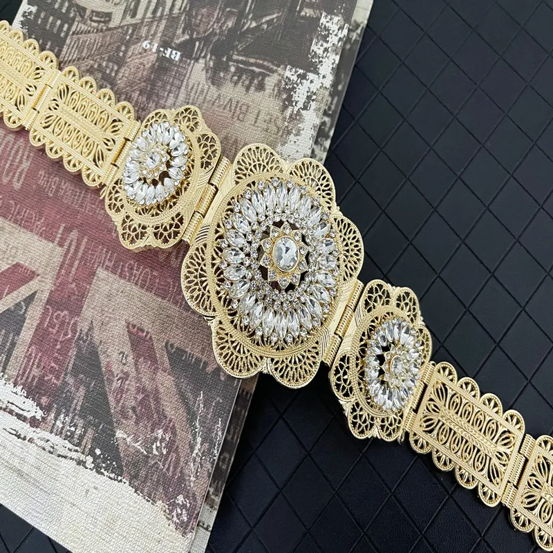 

Пояс в марокканском стиле ретро для женщин, элегантный круглый пояс с кристаллами из смолы и ажурным цветочным принтом, свадебная цепочка на талию