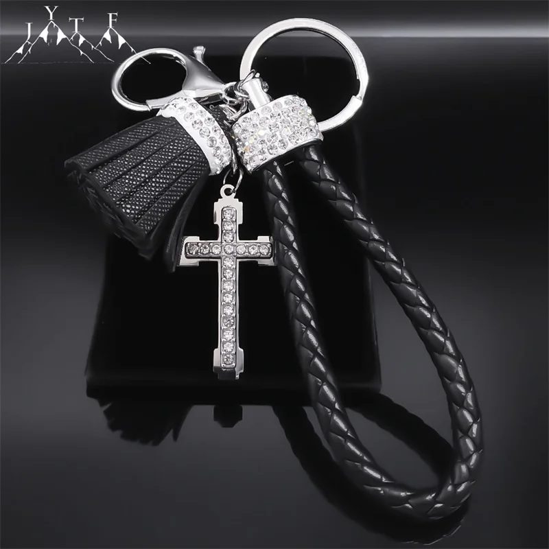 

Multilayer Rhinestones Crystal Metal Cross Key Chain Alloy Leather Tassel Bag Car Accessories Jewelry Key Holder Souvenir Gifts
