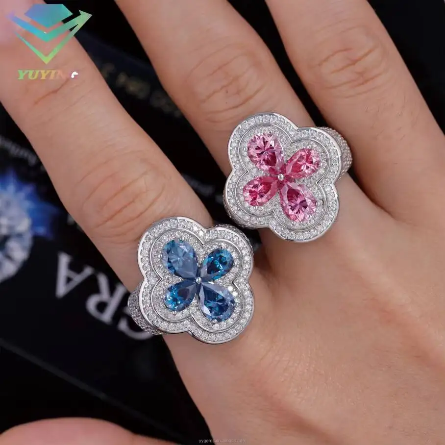 Модное кольцо с муассанитом Fashion Clover, ювелирное изделие из стерлингового серебра 925 пробы, кольцо в стиле хип-хоп для мужчин и женщин, кубинское кольцо с муассанитом VVS, имитирующим бриллиант (art.: 3920db5a4dca4) - 3920db5a4dca4