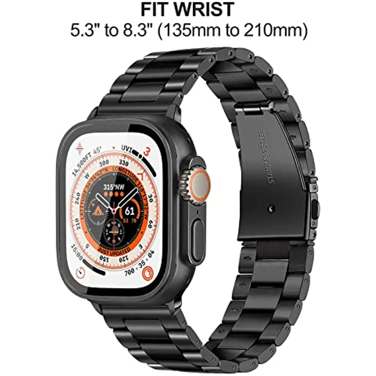 3 Beads Classic Solid Metal Stainless Steel Strap Band for Apple Watch Ultra 49mm Series 8 7 6 5 & Hard PC Glass Cover Protector enlarge