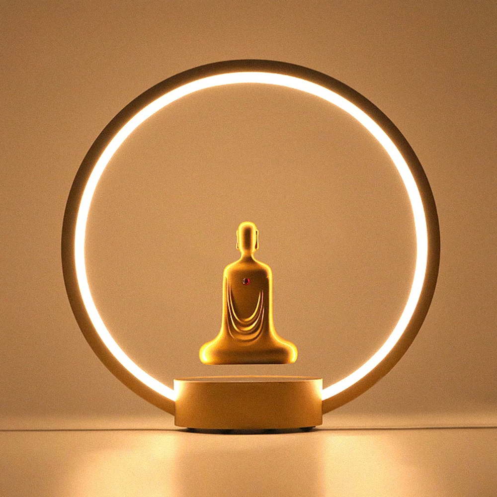 Magnetic Levitation Gold-plated Faceless Buddha Auto Rotation LED Luminous Ring Smart Lamp Zen Meditation Buddha Statue Ornament