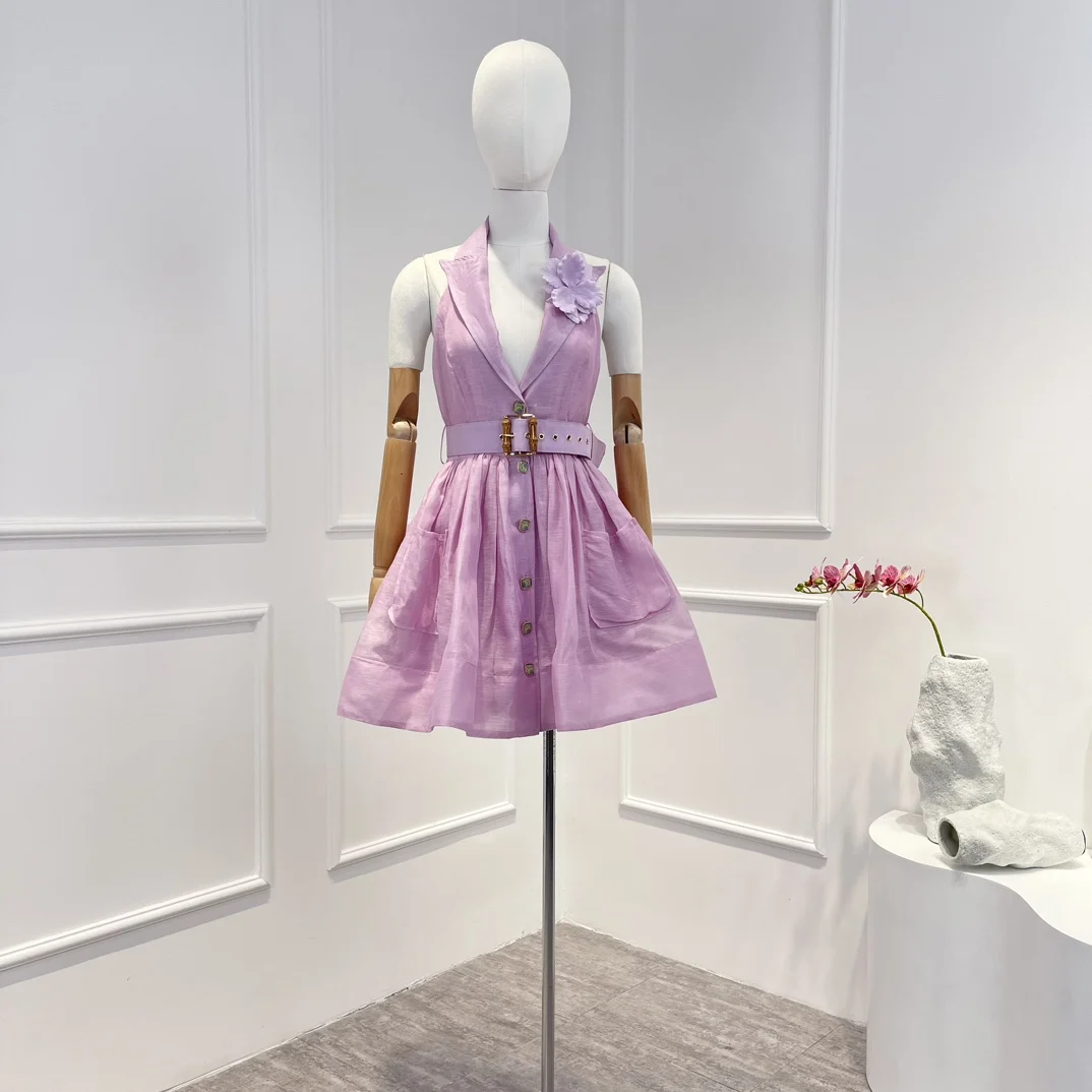 

2023 Top Quality Linen Silk Spring Summer Liliac Appliques Backless Mini Dress Women
