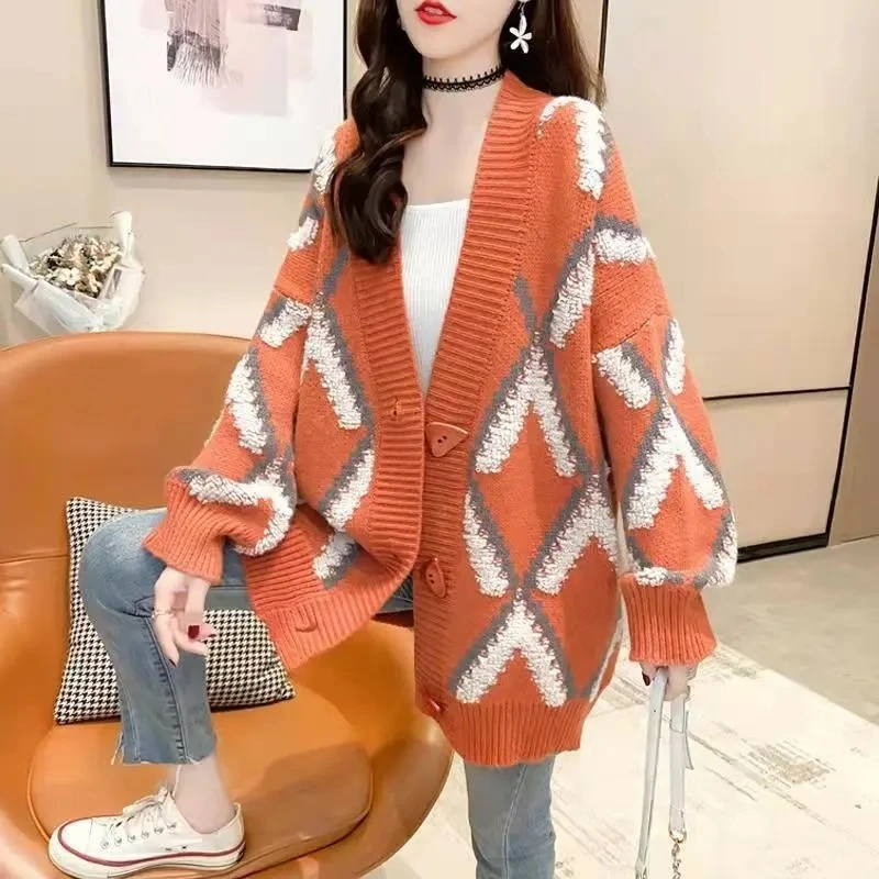 

Fashion Print Cardigans Sweater Korean 2022 Autumn Winter New Loose Oversized Long Sleeve Knit Lady Western Style Basic Coat