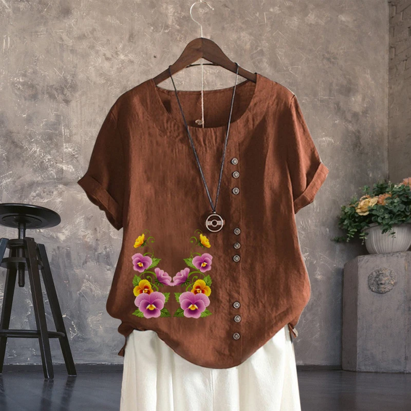 

New Fashion Ladies Colorful Flower Printed Linen T Shirt Casual Loose Plus Size Round Neck Cotton Short Sleeve Tops XS-5XL