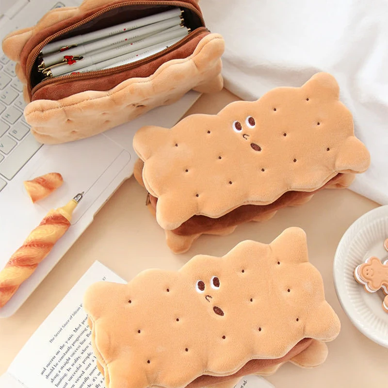

Wholesale Cute Biscuit Shape Pencil Box Plush Cookies Pencil Bag Large-capacity Stationery Organizer Desk Organizer Stationery