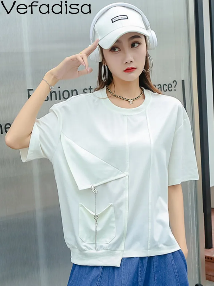 

Vefadisa 2023 Summer New Women White T-shirt Letter Print Short Sleeve Personalized Splice Pockets Trendy Girl Casual Top ZY848