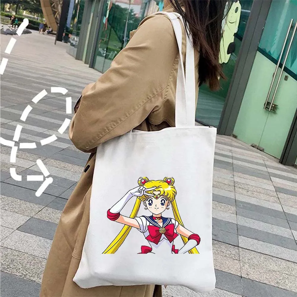 Kawaii Chibi Anime Girl Cat Luna Harajuku Canvas Tote Bag Foldable Shopping Bag Sailor Moon Shopper Cute Usagi Designer Handbags images - 6